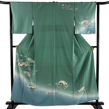 Japanese Silk Houmongi Kimono S 159cm Light green Fan Young pine Partial dyeing