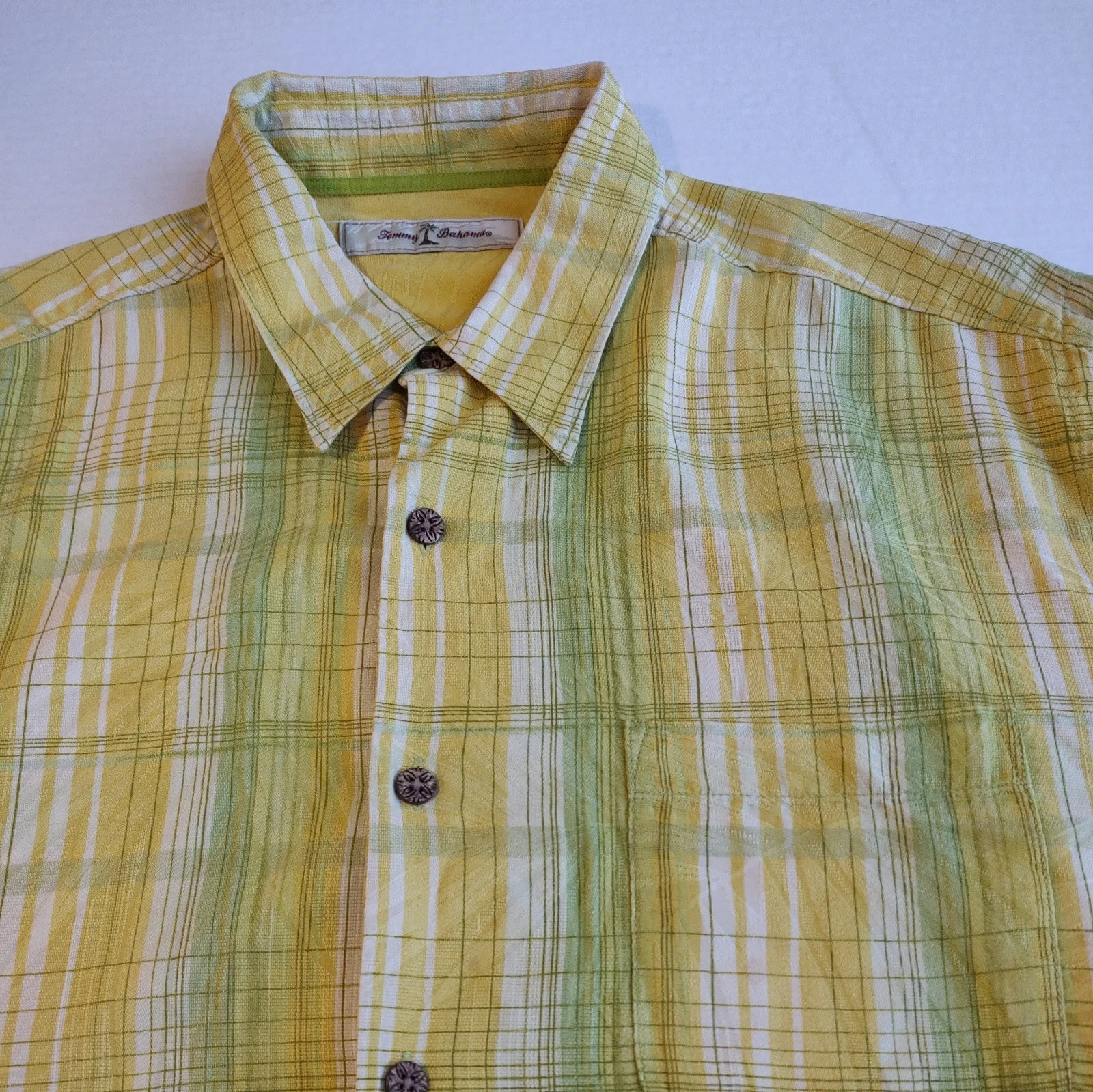 Tommy Bahama Hawaiian Silk Shirt Mens L Yellow Plaid Button Short Sleeve Beach