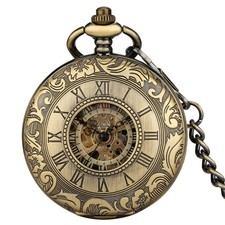 Men's Retro Pocket Watch Roman Number Skeleton Handwinding Mechanical Chain Gift