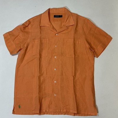 VTG Polo Ralph Lauren Silk Linen Camp S/S Shirt Men s Orange Loop Collar L Read