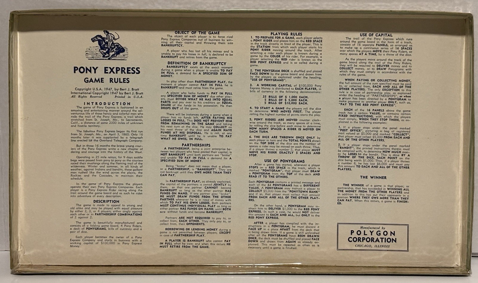 Vintage 1947 Polygon The Game of the Pony Express Board Game. COMPLETE VG Cond