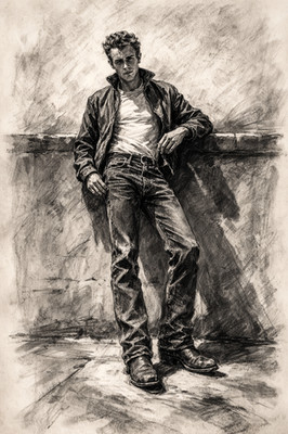 James Dean Classic Hollywood Rebel Portrait Icon Charcoal Art Poster 24x36