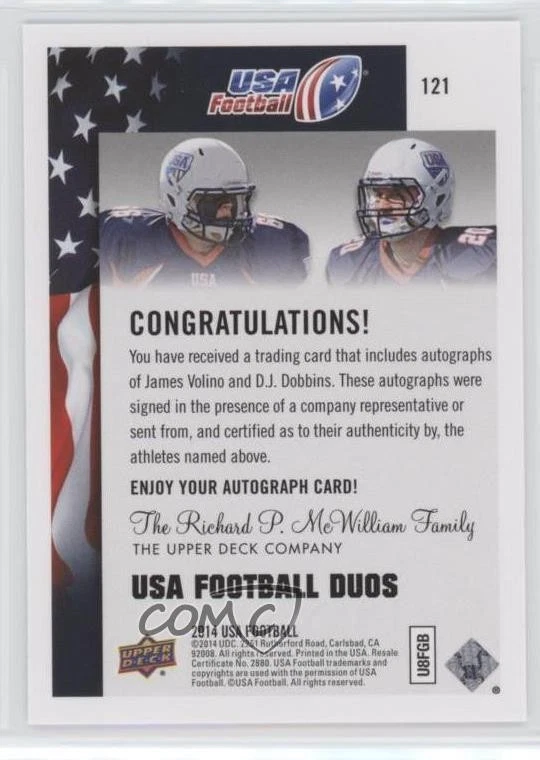 2014 Upper Deck USA Football Auto James Volino DJ Dobbins #121 Auto - Image 2 of 2