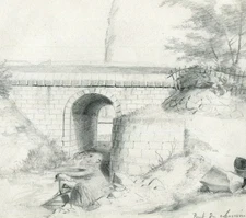 1870 Dikeos Bridge, Landscape Drawing Antique Pencil Original 19th century
