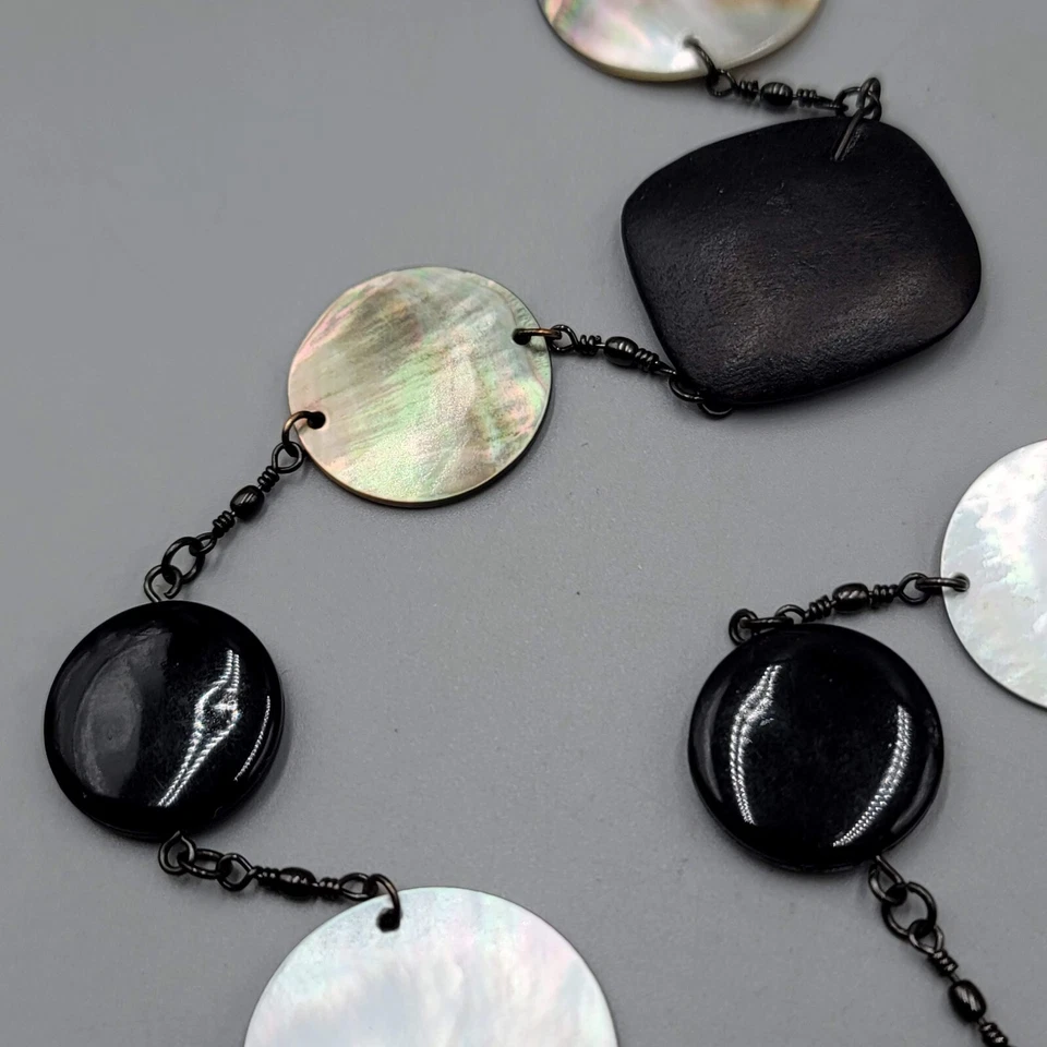 Cookie Lee Black Wood Shell Station Necklace Statement Long 30"+ - Image 3 of 4