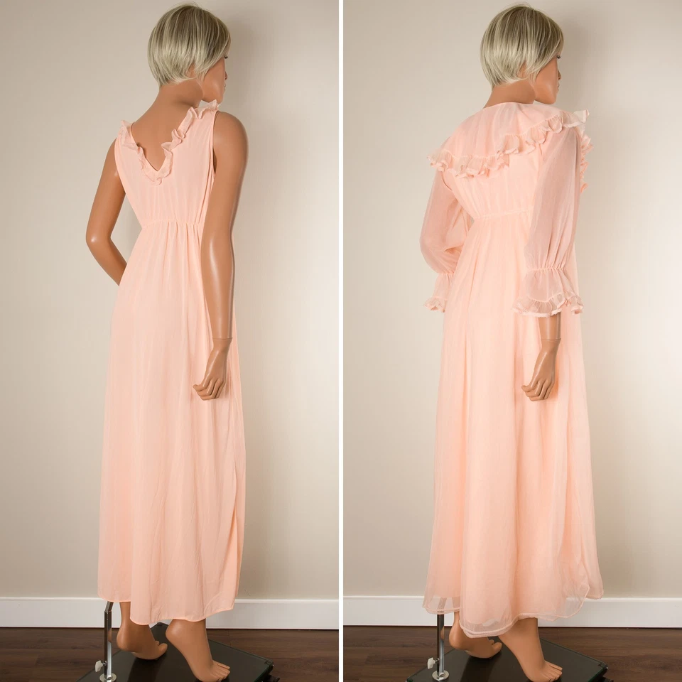 💖 VTG PANDORA Lingerie Peignoir Gown Set Melon Nylon Double Chiffon Ruffle P - Image 3 of 4