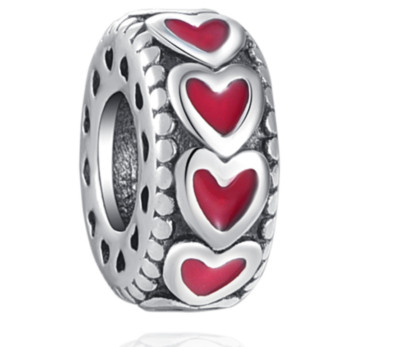 Charm Bead Ring mit roten Herzen 925 Sterling Silber