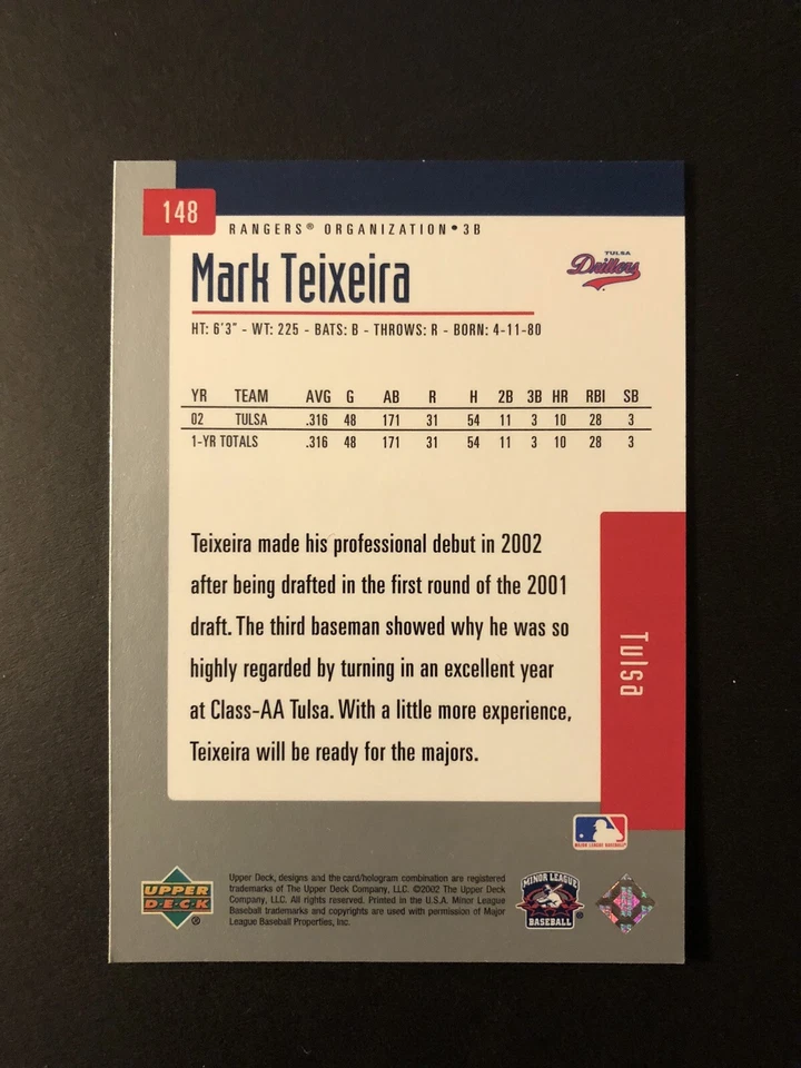 2002 Upper Deck Minor League cartão de beisebol #148-Mark Teixeira, Tulsa Drillers - Imagem 2 de 2