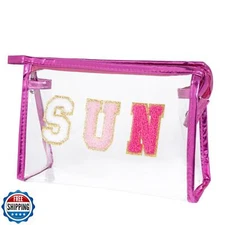 Hmxpls Preppy Patch Makeup Bag, Sun Chenille Letter Bag for Beach, Pouch with