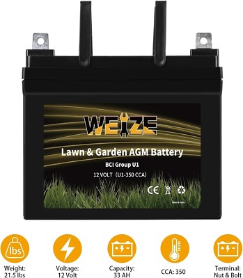 WEIZE Lawn & Garden AGM Battery,12V 350CCA BCI Group U1 SLA Starting Battery for