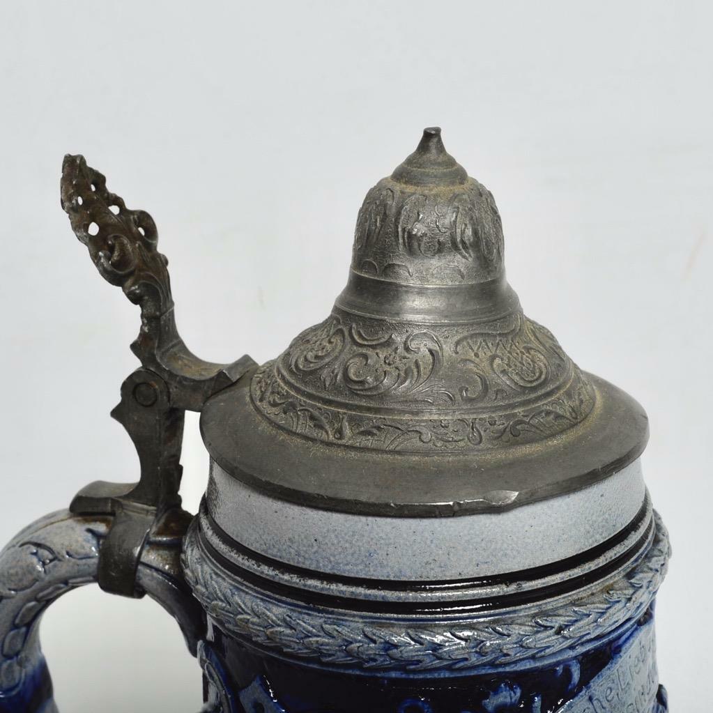 VINTAGE GERMAN SALT GLAZE COBALT BLUE BEER STEIN PEWTER LID, 558