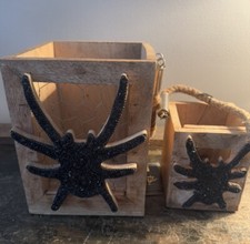 NWT 2 Spooky Night Candle Holders Wood Lanterns Halloween Sparkle Spider 8",5"