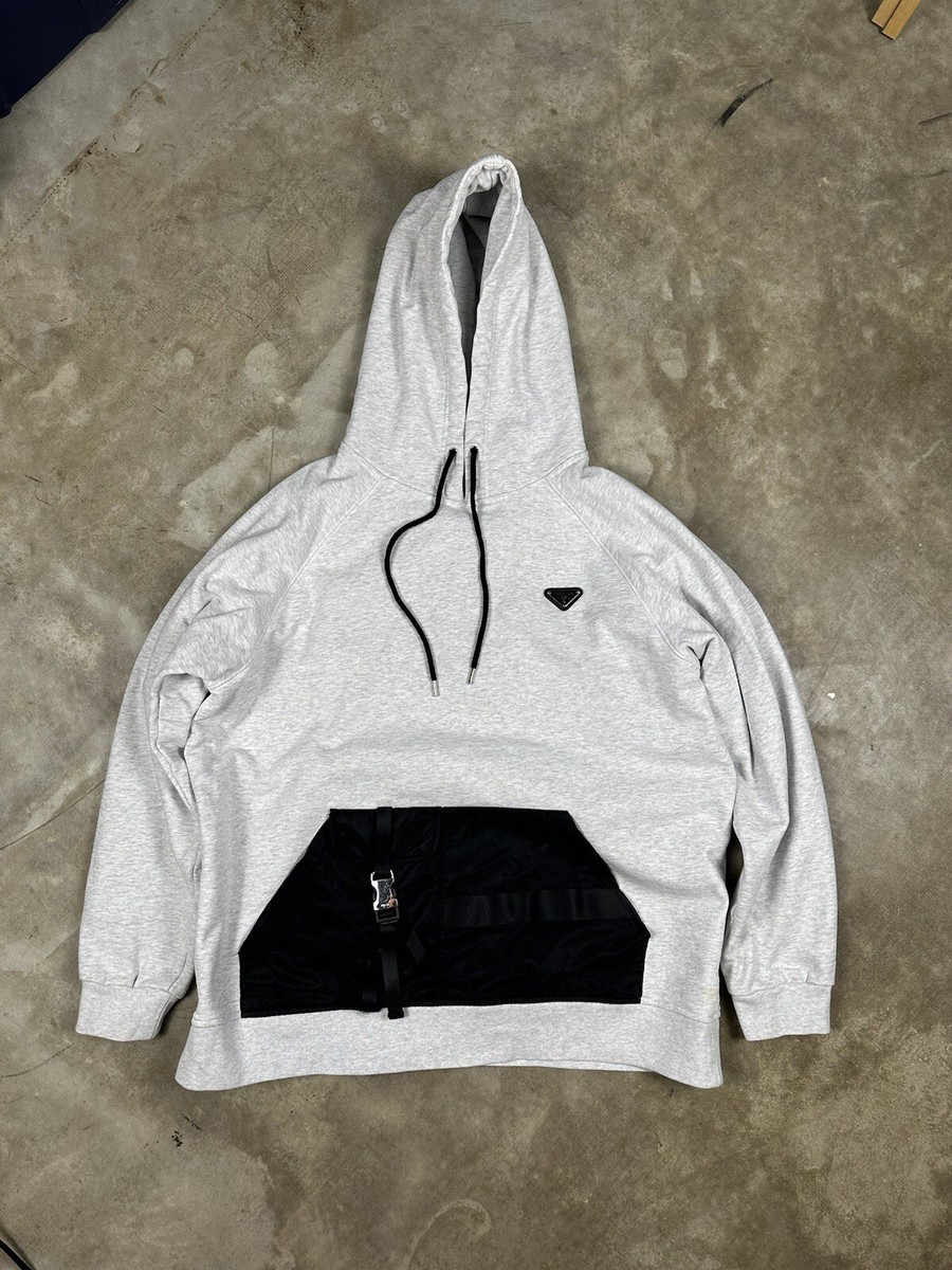 PRADA Re Nylon Triangle Metal Badge Hoodie XL Heather Gray Heavy