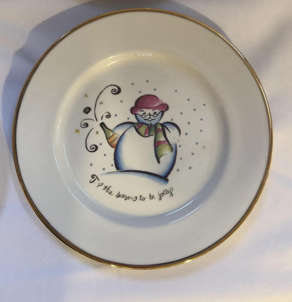 Juego de platos de Navidad Rosanna italianos de 8" muñeco de nieve adorno dorado vajilla entretenida Foto 4 de 4