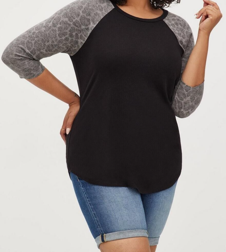 Torrid Classic Fit Raglan Tee Triblend Jersey Leopard Black