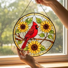Cardinal Sunflower Suncatcher Glass Window Decor Art Gift Home