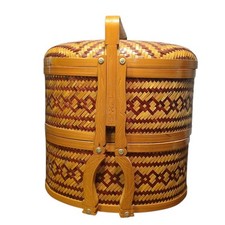 Vtg 2 Tiered Wooden Bamboo Wicker Brass Trim Chinese Wedding Picnic Basket Box