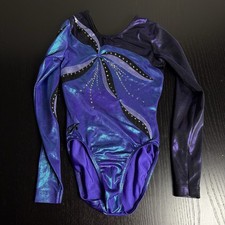 GK Girls Kids XL Purple Long Sleeve Competition Leotard Rhinestones Long Sleeve