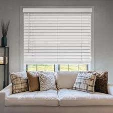 White Cordless Room Darkening Faux Wood Window Blinds with 2 In. Slats, 75 In. W