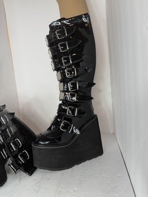 Demonia cult SWING-815 Black Wedge Platform Knee Boots Women s Size 7 Preowned