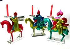 vtg SALEY Mexican Folk Art Xmas painted tin 3 Wise Men Candleholder set candle