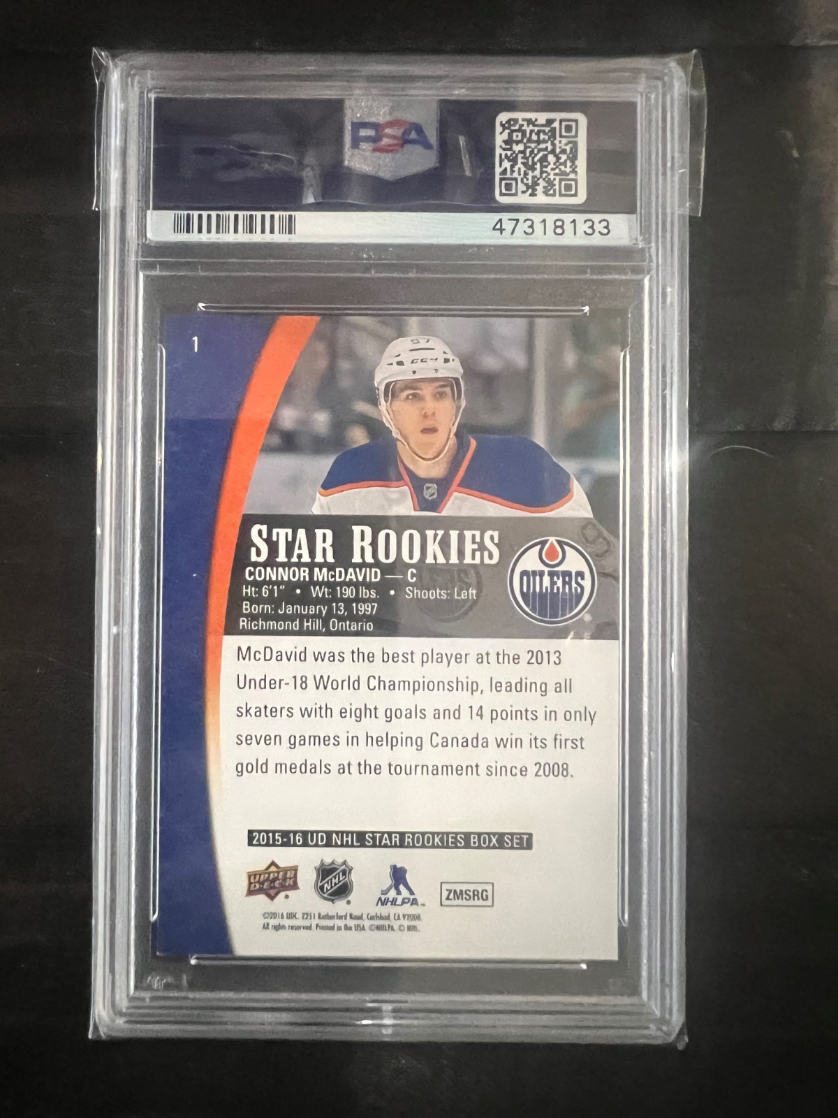 2015-16 Upper Deck Connor McDavid UD Star Rookies PSA 9 Mint Hockey Card #1 view 2
