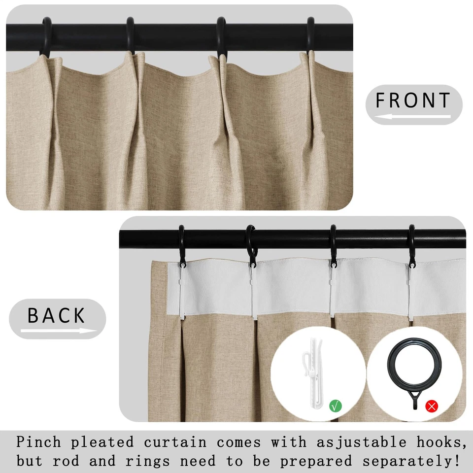 Extra Wide 100% Blackout Linen Curtains for Sliding Door Pleated Curtains wit... - Image 4 of 4