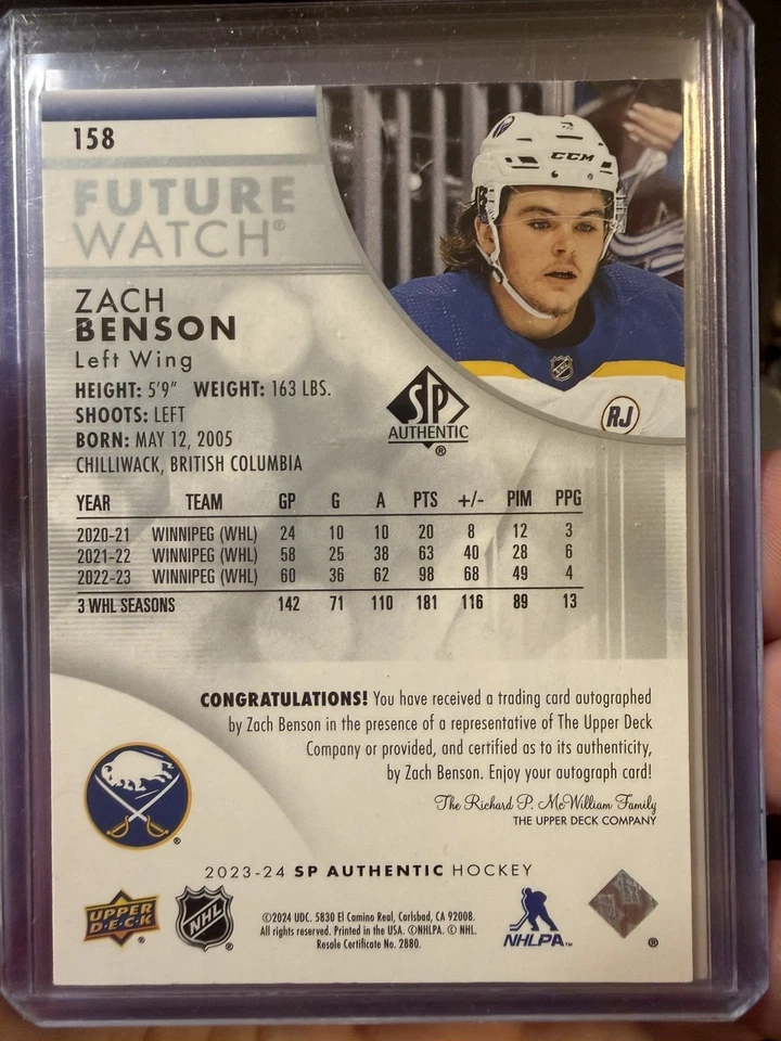 2023-24 SP AUTHENTIC FUTURE WATCH AUTOGRAPH RC #158 ZACH BENSON /999 Auto Rookie - Image 2 of 2