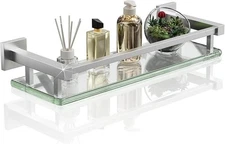  Bathroom Glass Shelf with Stainless Steel Railing 16 Inch Polished Chrome