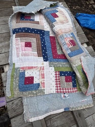 Antique Vintage Handmade Barn Raising Log Cabin Quilt 74x70 C1920s Indigo - Picture 24 of 24