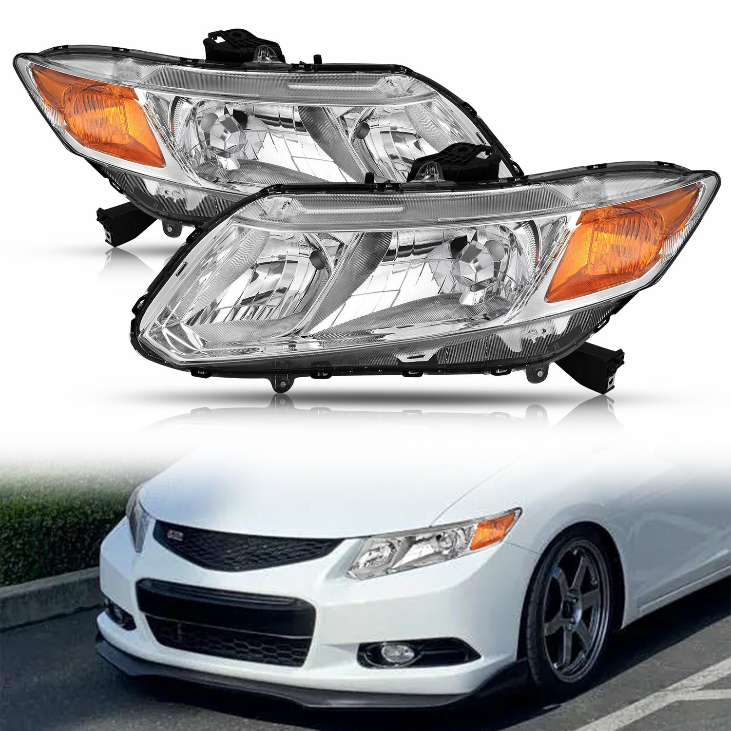 For 2012-2015 Honda Civic Chrome Housing Headlights Headlamp Assembly Left+Right