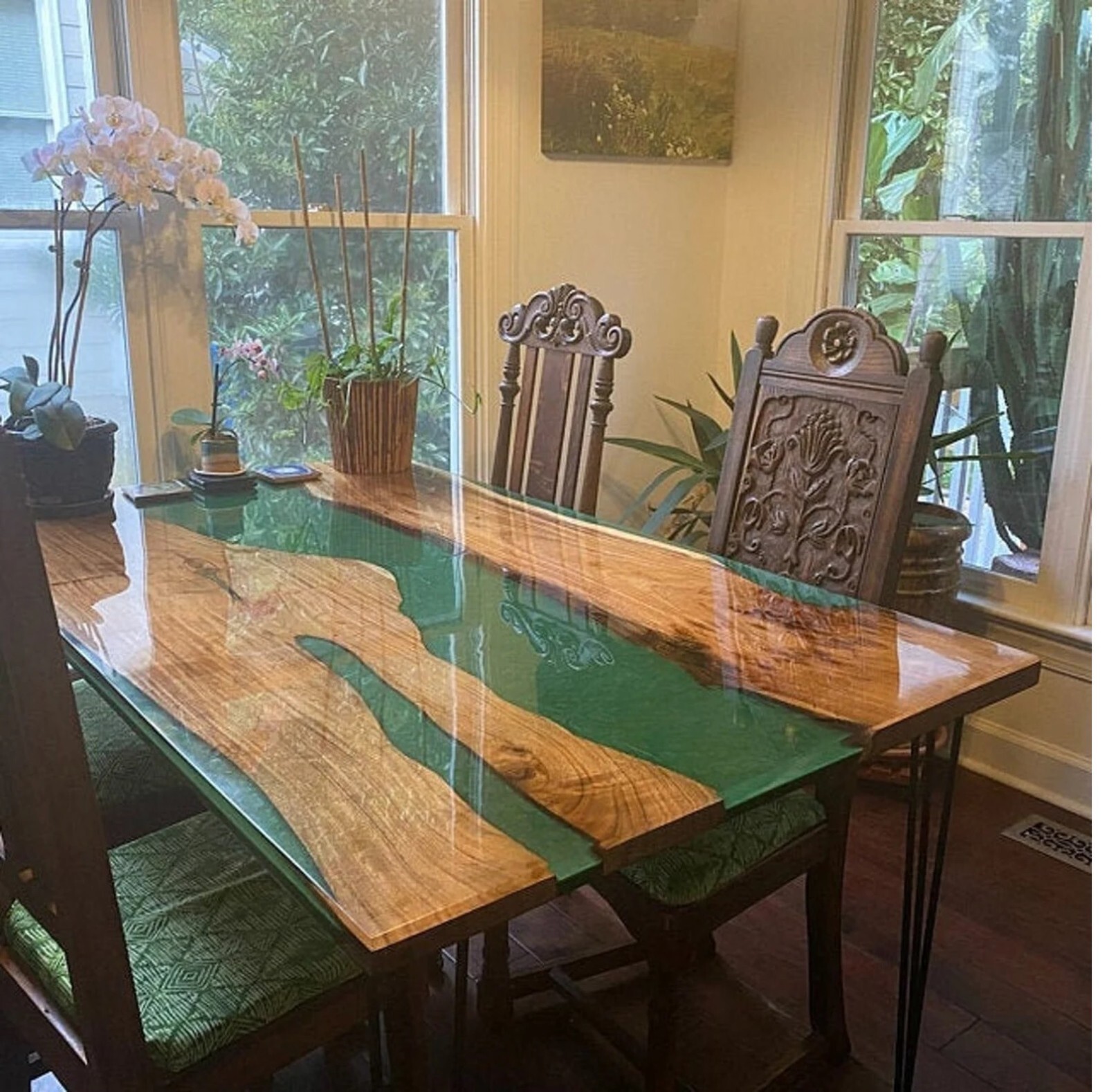 Custom Wood Green Epoxy Resin Walnut Dining Table Top Handcrafted Furniture-image