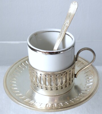 WOLFF SILVER PLATED ESPRESSO DEMITASSE WHITE PORCELAIN CUP & SAUCER SPOON BRAZIL