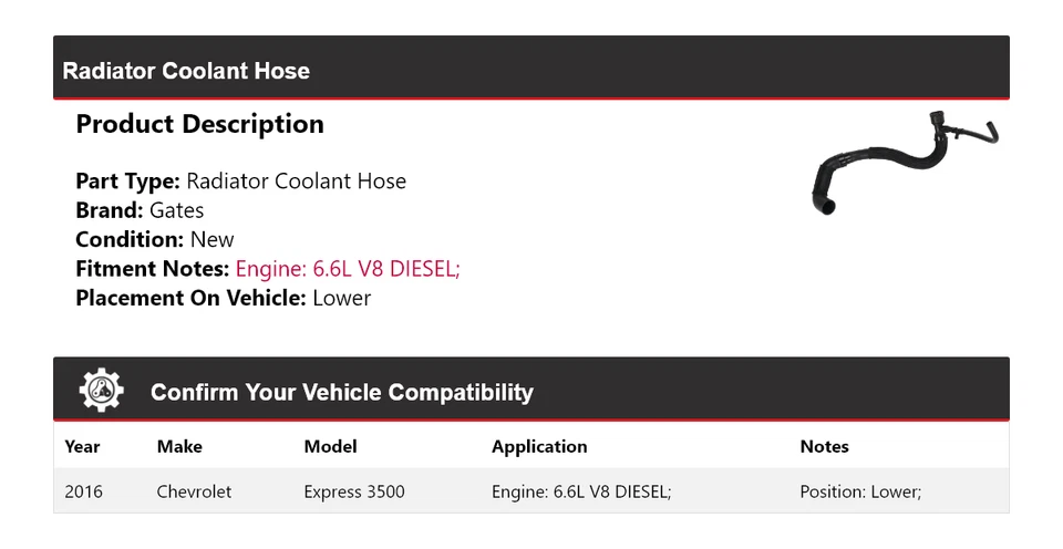 Para 2016 Chevrolet Express 3500 6.6L V8 DIESEL radiador líquido de arrefecimento mangueira portões inferiores - Imagem 2 de 4