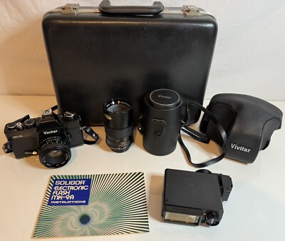 Vivitar 250/SL Camera Lot 135mm 1:2.8 Lens Soligor MK-9A Flash Case 70 s Vintage