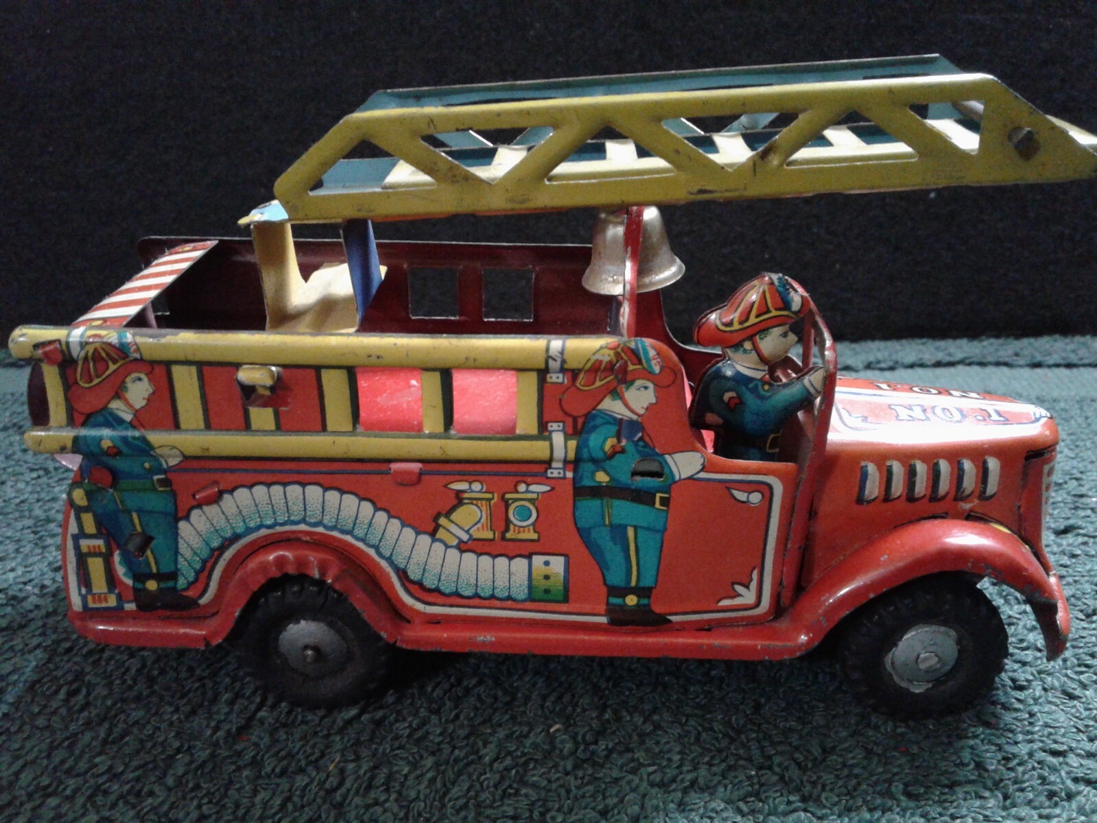 Vintage Tin Litho TM Trade Mark No. 1 Fire Truck w/Ladder & Bell, Japan