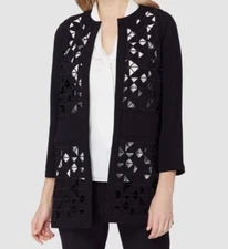 Tahari Asl Women's Black Open Front 3/4 Sleeve Cut Out Long Blazer Size 6