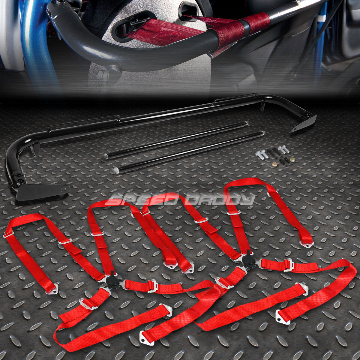 BLACK 49"STAINLESS STEEL CHASSIS HARNESS BAR+RED 4PT STRAP CAMLOCK