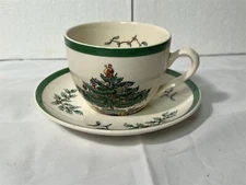 Spode Christmas Tree Cup & Saucer Green Trim, Made in England
