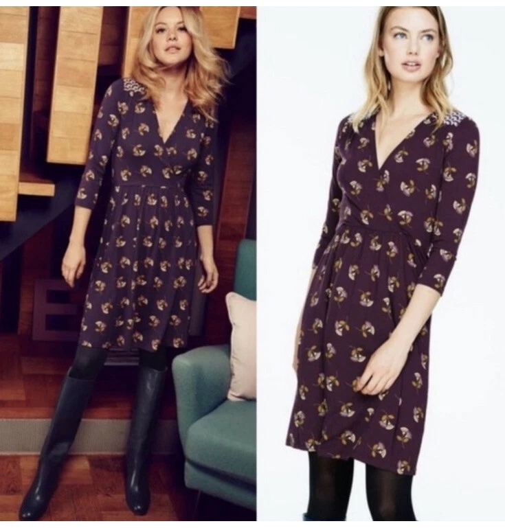 Boden Glenda Faux Wrap Smart Day Dress Purple Floral Print 14