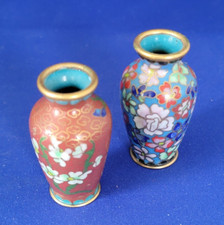 2 Miniature Cloisonné Brass VASES with floral motif blue interior Height 2 in.