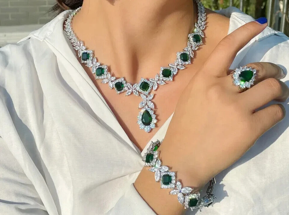 4 шт. цветок падение зеленый цирконий женщин ювелирный набор ожерелье браслет серьги кольцо - Изображение 3 из 4