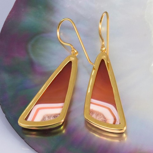 Earrings Banded Agate Cabochon & 18K Gold Vermeil over Sterling Silver 9.01 g - Picture 11 of 12