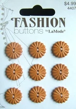 Card of 9 Camel Tan Buttons Round Sunburst 2-Hole Flat 5/8" 16mm Clothing Crafts