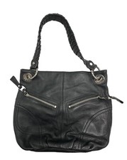 B Makowsky Shoulder Bag Hobo Heavy Silver Hardware Goth Black Leather Braided