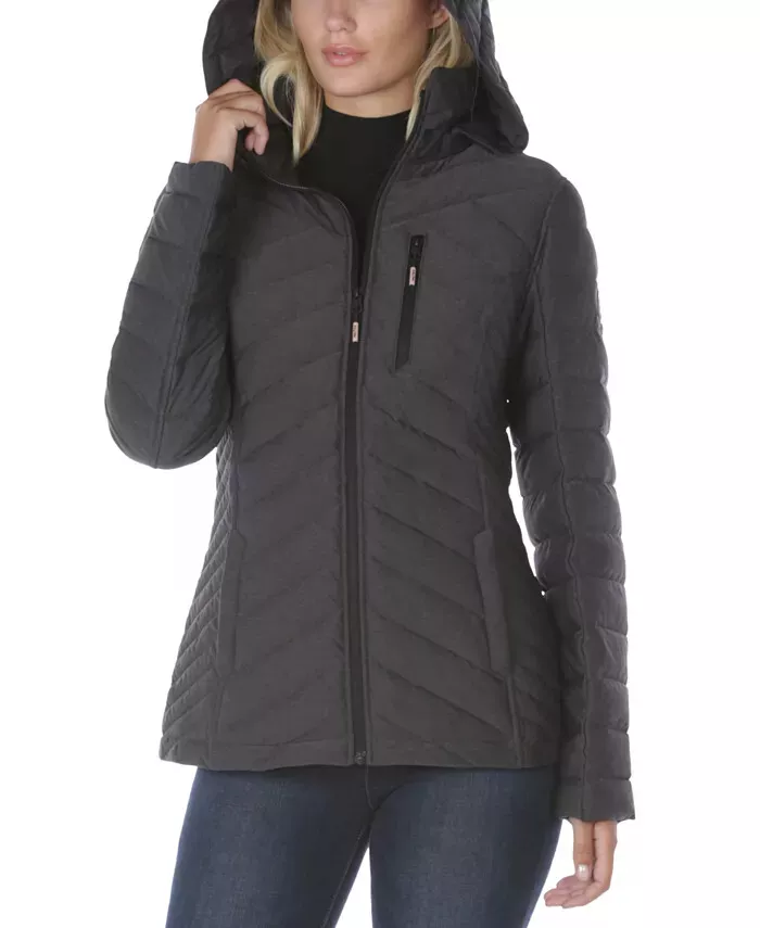 New Nautica Hooded Stretch Packable Puffer Coat S Black L1016