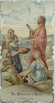 The Multiplication of Loaves, Make Haste, Antique Die-Cut Holy Card.