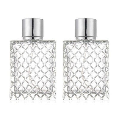 2pcs 100ml Square Grids Carved Perfume Bottles Clear Glass spray bottle Empty...