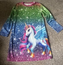 SheIn Girls 5-6Y Multicolour Unicorn Graphic Print Long Sleeve T-Shirt Dress