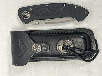 Vintage Harley Davidson HD32 CryoEdge Pocket Knife w/ Embossed Leather Sheath 